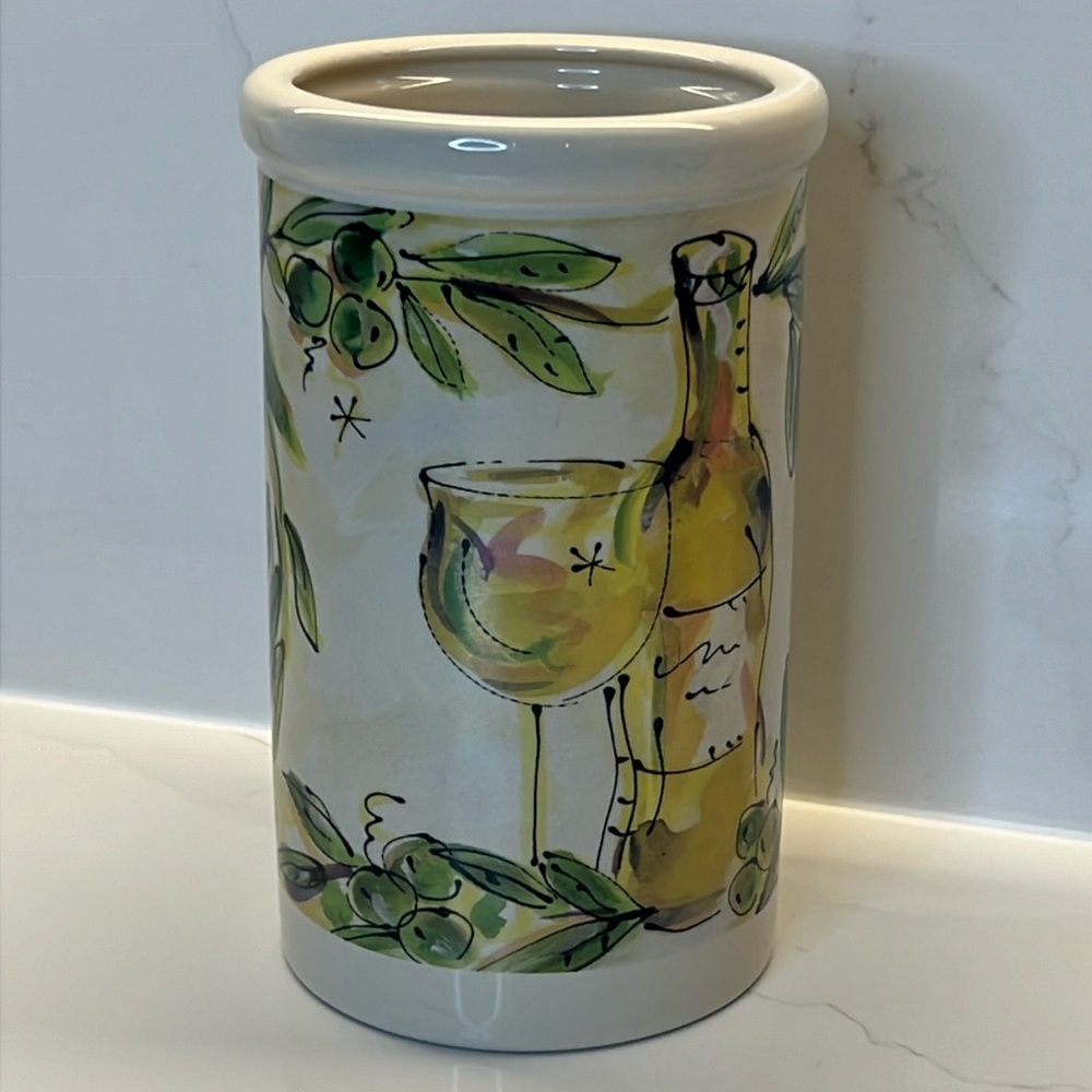 Wine Chiller Classic Ceramics 2003 Utensil Holder w/painted Wine bottle & glass